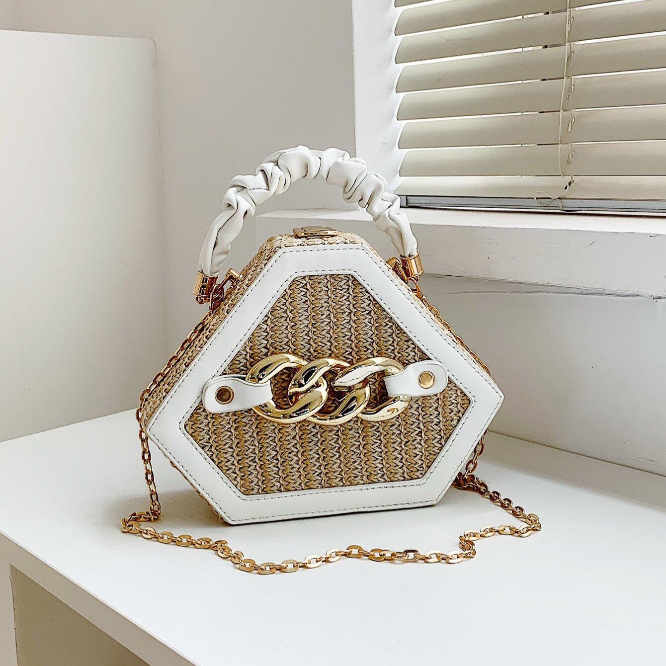 Trendy Chain Shoulder Bag, Fashion Top Handle Straw Box Bag, Women's Vacation Style Purse