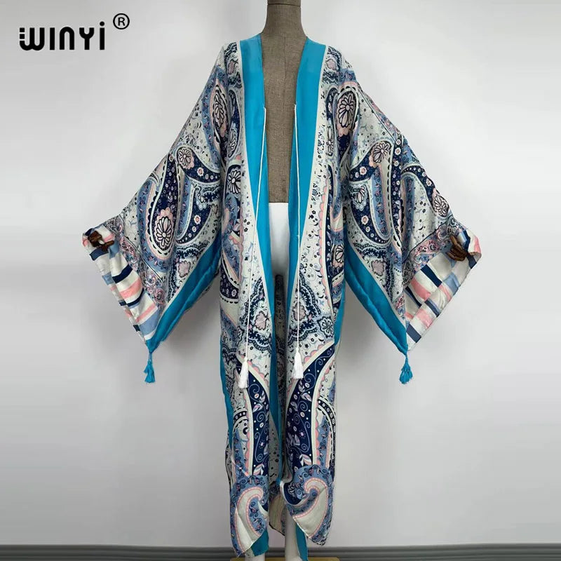 Caftan Autumn 2024 WINYI Women Cardigan Loose Long Dress Cocktail Party Boho Maxi African Holiday Batwing Sleeve kimono