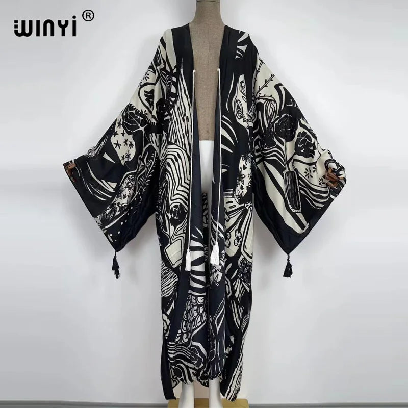 Caftan Autumn 2024 WINYI Women Cardigan Loose Long Dress Cocktail Party Boho Maxi African Holiday Batwing Sleeve kimono
