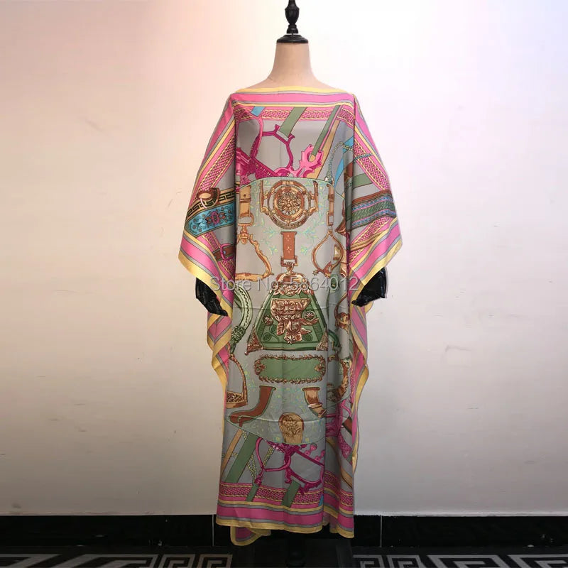 Africa Fashion Blogger Recommend Popular printed Silk Kaftan Maxi dresses Loose Summer Beach Bohemian kaftan long dress for lady