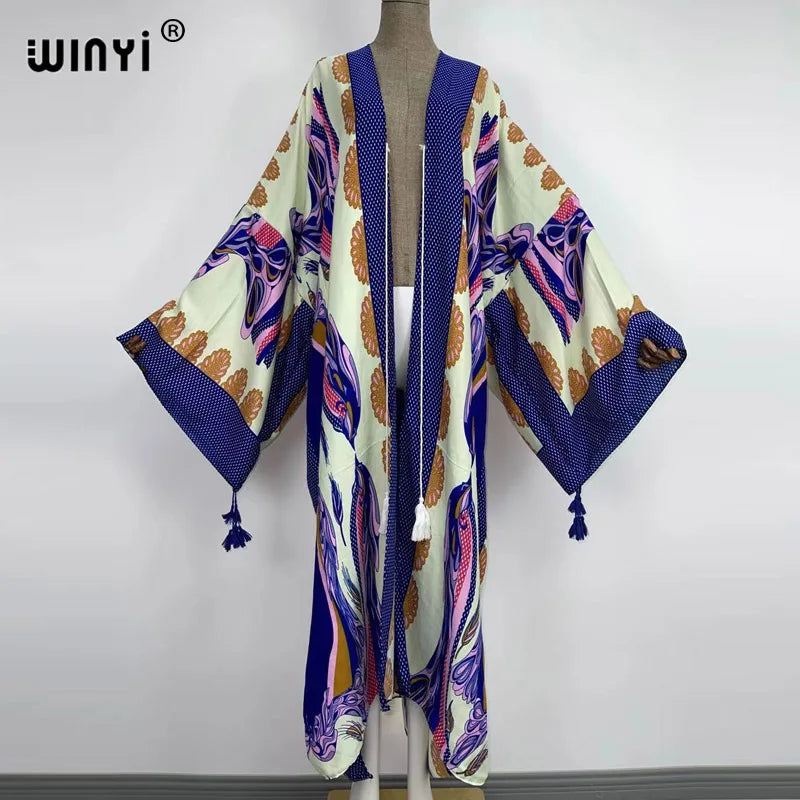 Caftan Autumn 2024 WINYI Women Cardigan Loose Long Dress Cocktail Party Boho Maxi African Holiday Batwing Sleeve kimono