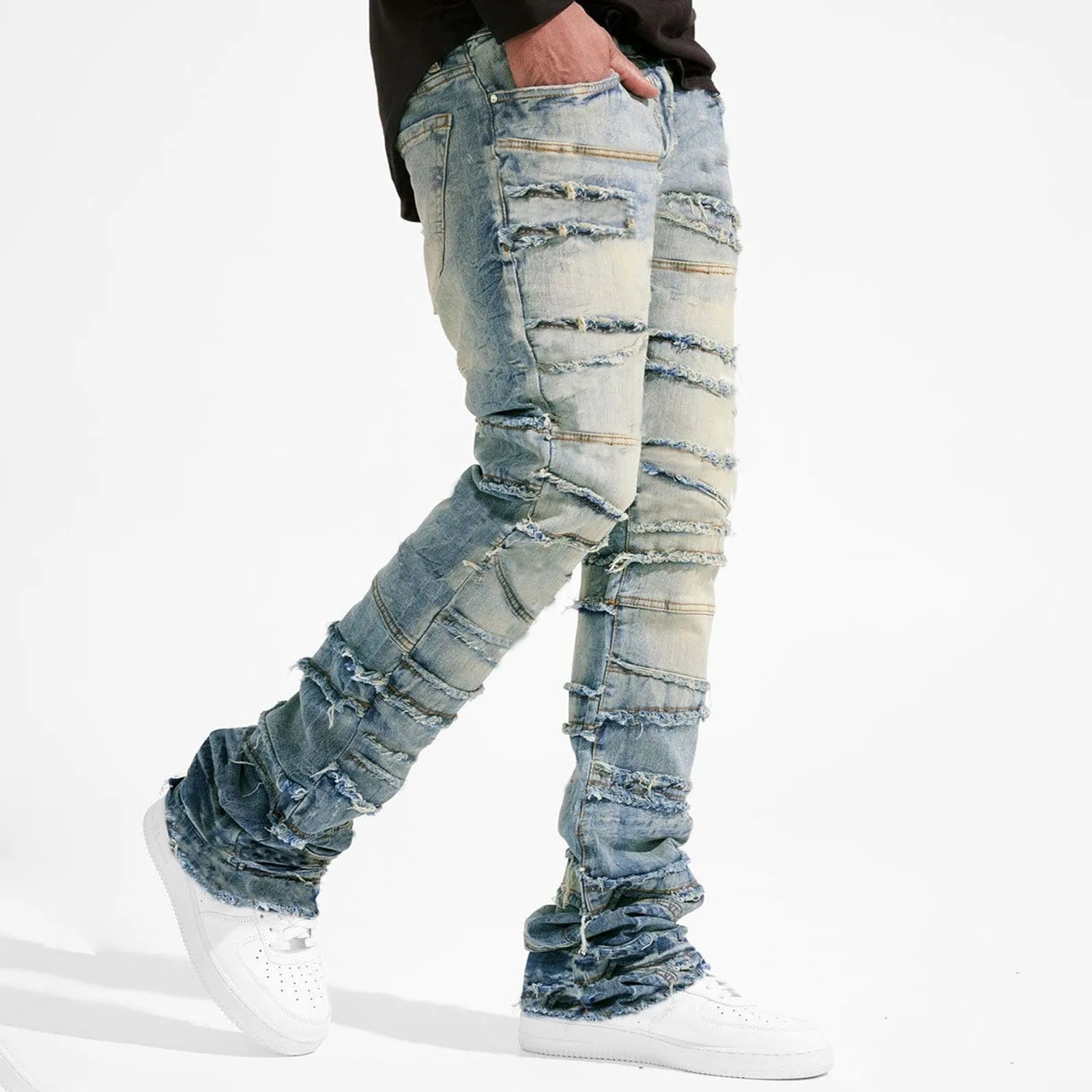 Erkekler İçin Kot Pantolonlar Stretch Fit Skinny Yığılmış Yırtık Kot Pantolon Slim Fit Yama Kot Pantolon Slim Fit Pantolon Sokak Giyimi