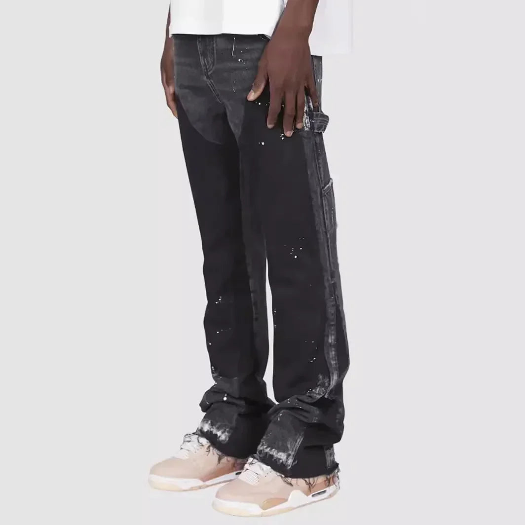 Pantalons de travail en jean pour hommes, vêtements de travail européens et américains, pantalons évasés en denim patchwork élastique superposé, tailles S à XXL