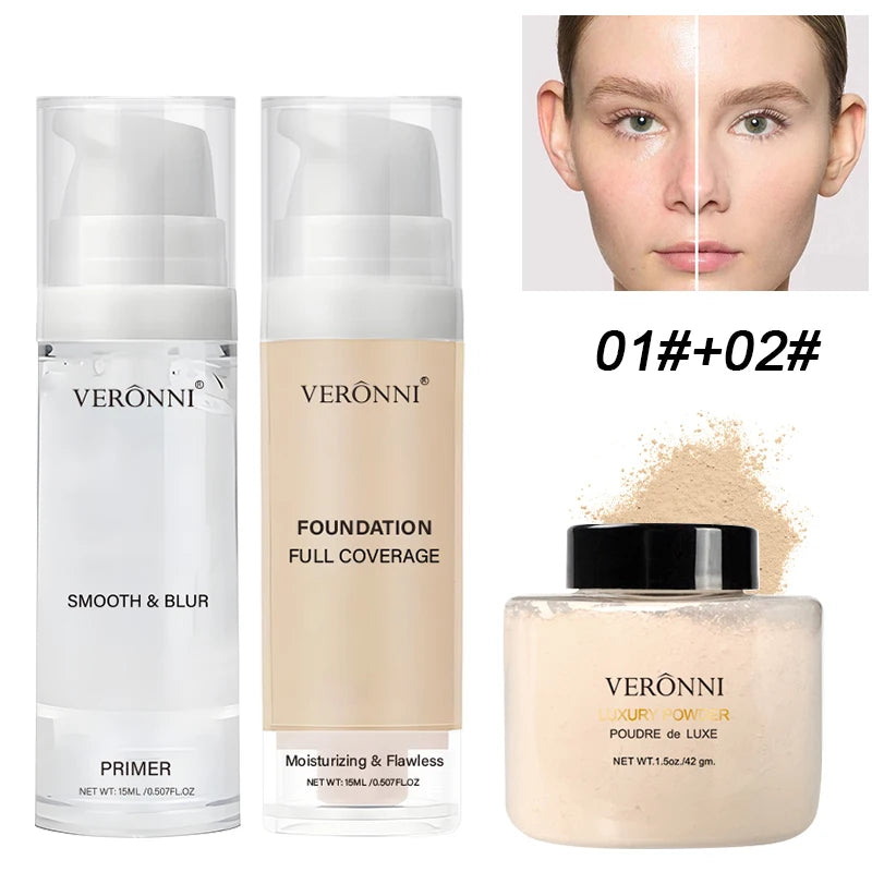 Kit de maquillage visage 3 pièces comprenant un fond de teint liquide couvrant de 15 ml, une base de maquillage hydratante et une poudre libre, résistant à la transpiration