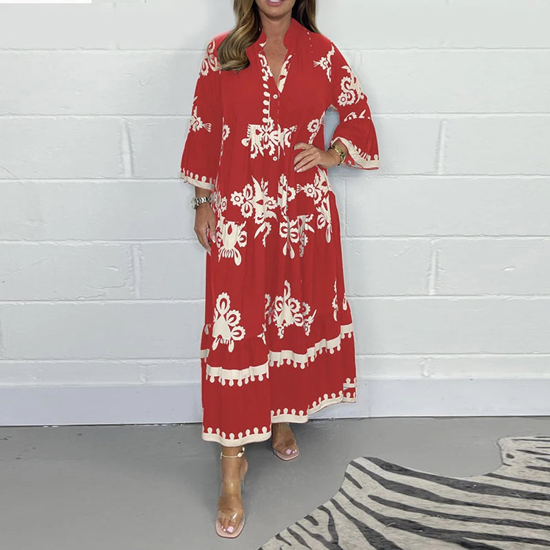 Vestidos Women's Printed Loose Ethnic Retro Dress Spring V Neck Button A-Line Long Dress Summer 3/4 Sleeve Bohemian Maxi Dresses