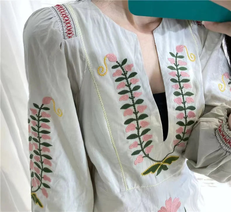 RARF 2024 New positioning heavy industry embroidery craft V-neck long dress Bohemian holiday style