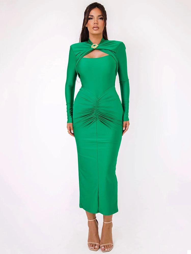 Robe longue sexy à manches longues et ajourée pour femme, tenue élégante, automne-hiver, nouvelle collection, boucle en métal, froncée, fendue