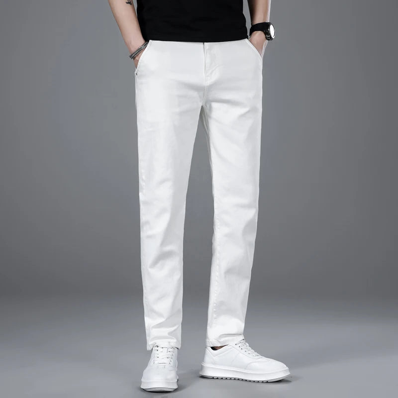 New Men's Fashion Classic Style Versatile Slim Jeans White Stretch Straight Soft Casual Denim Trousers Brand Clothing Male