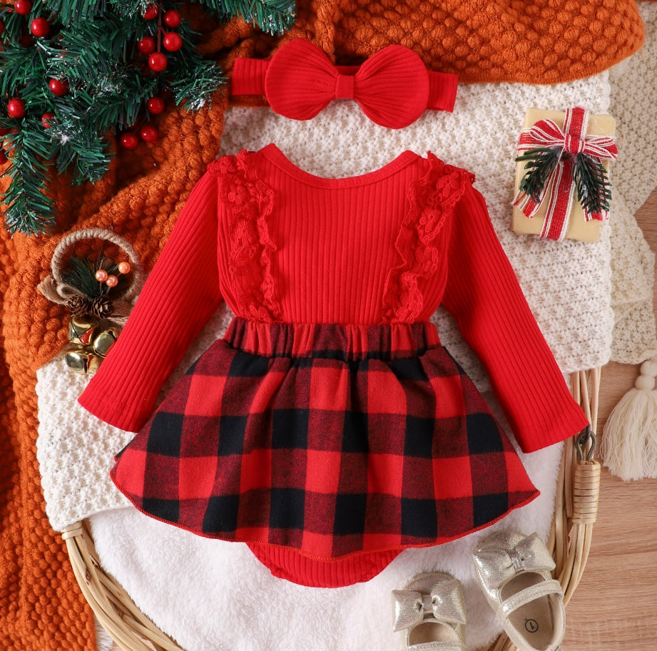 Newborn Baby Girl Christmas Romper Dress Ruffle Long Sleeve Plaid Jumpsuit Skirts Hem Bodysuit with Headband Outfit