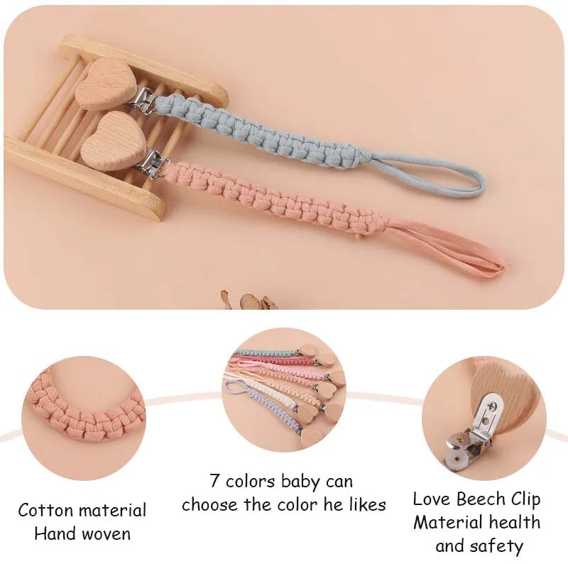 Chaîne de sucette personnalisée en bois pour bébé, avec nom, tissage, pendentif, anneau de dentition, cadeau pour nouveau-né