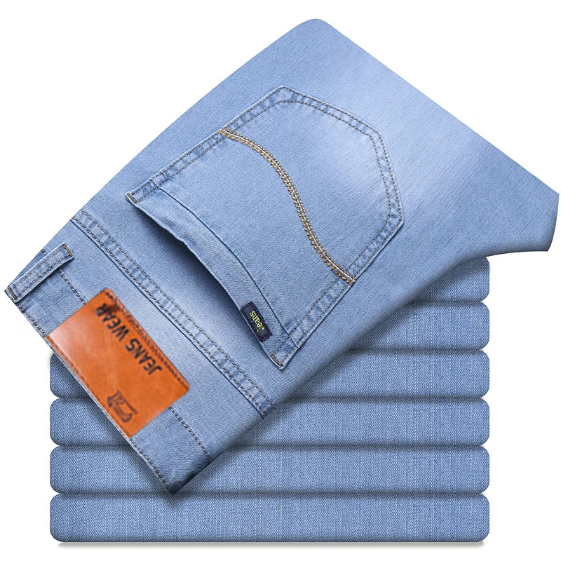 Men's Thin Jeans 2025 Summer New Style Business Casual Slim Fit Elastic Classic Style Trousers Sky Blue Pants Male size 28-40