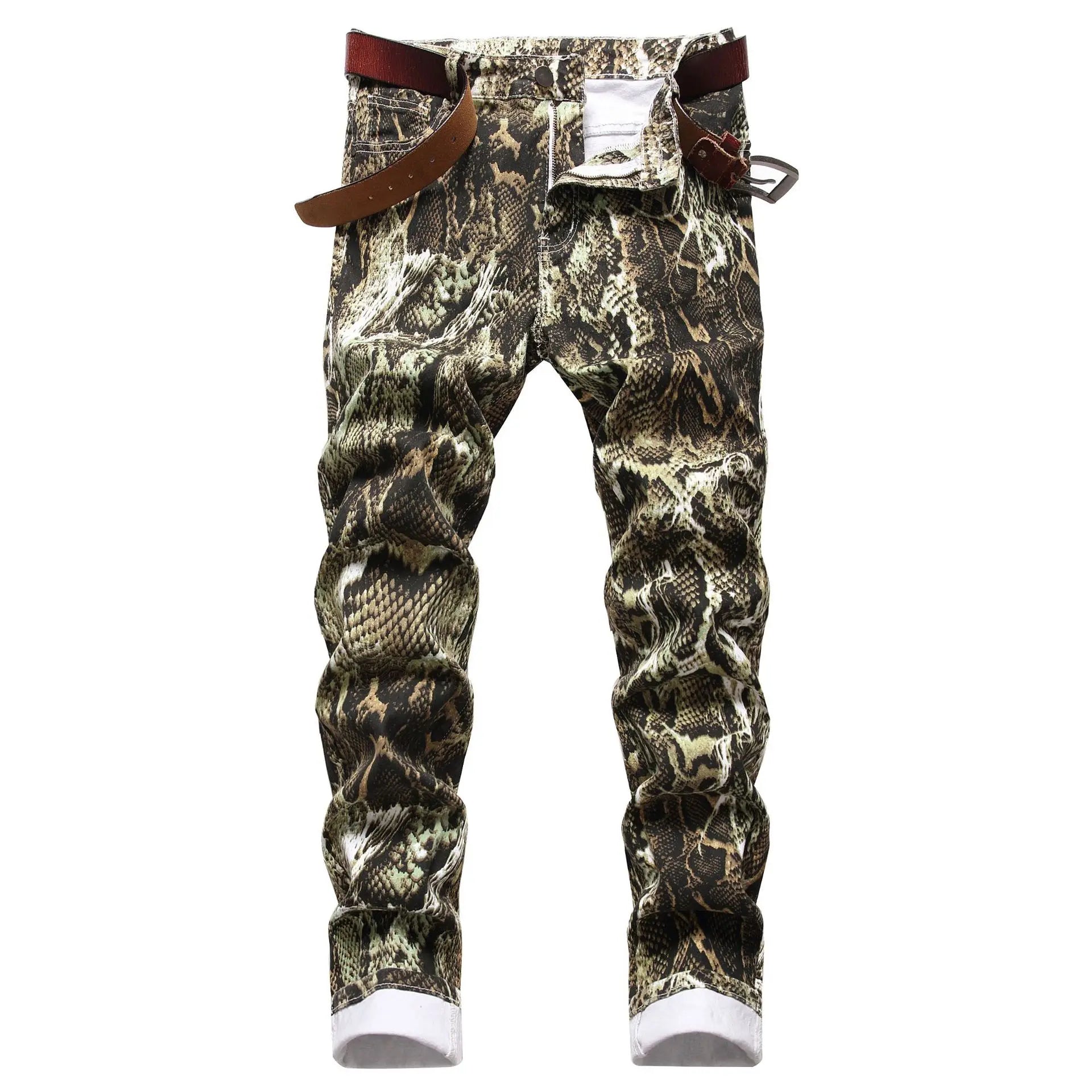 Jeans pour hommes, pantalon crayon imprimé peau de serpent, coupe slim, extensible, coloré, taille moyenne, denim délavé, longueur cheville
