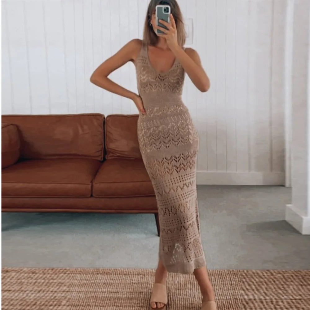 Semi Sheer Crochet Knit Maxi Dress Women Sleeveless Open-knit Bodycon Long Dress Summer Vacation Beach Wear