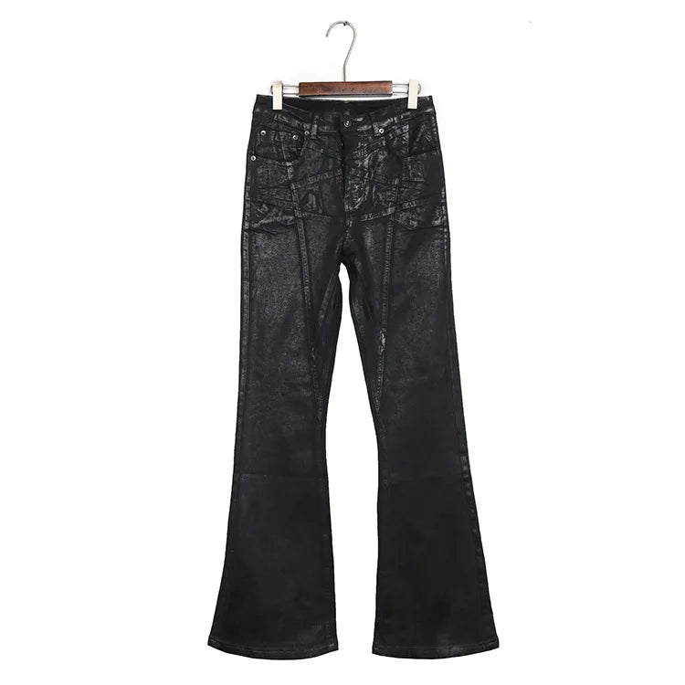 Men Wax Denim Jeans Cotton Casual Men's Clothing Coated Autumn Straight Solid High Street Black Jeans Long Pants