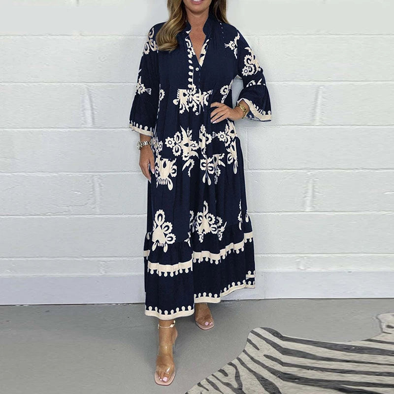 Vestidos Women's Printed Loose Ethnic Retro Dress Spring V Neck Button A-Line Long Dress Summer 3/4 Sleeve Bohemian Maxi Dresses