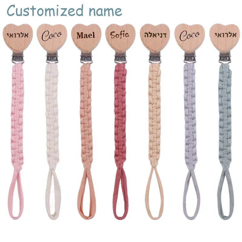 Chaîne de sucette personnalisée en bois pour bébé, avec nom, tissage, pendentif, anneau de dentition, cadeau pour nouveau-né