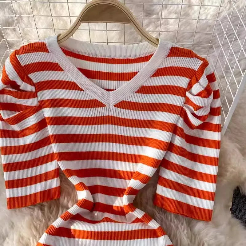YuooMuoo Women Dress 2024 Summer Casual All Match Puff Sleeve Stripes Knitted Long Dress Female Bodycon Outfits Vestidos