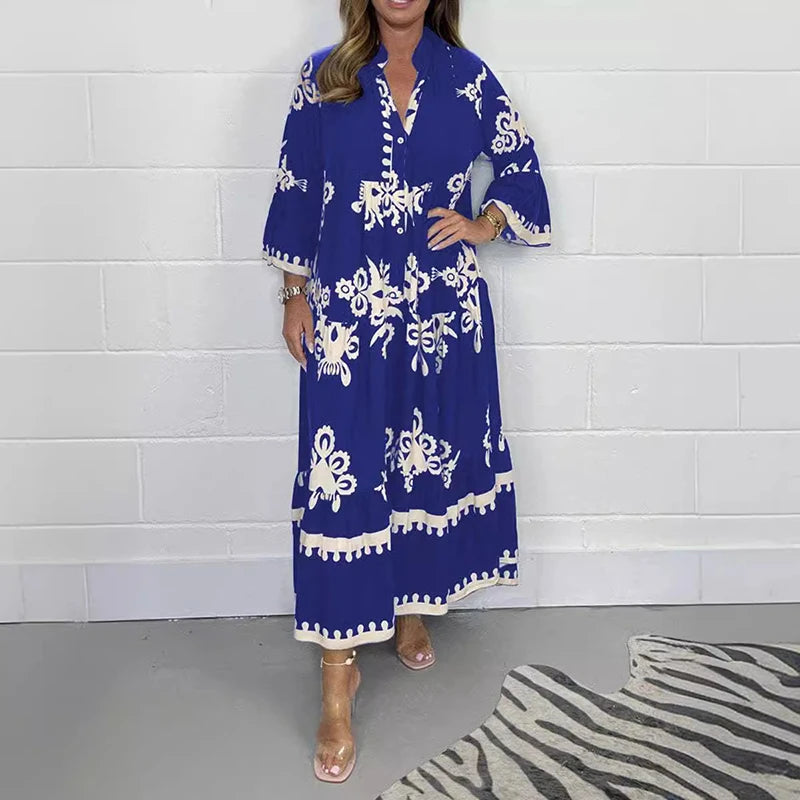 Vestidos Women's Printed Loose Ethnic Retro Dress Spring V Neck Button A-Line Long Dress Summer 3/4 Sleeve Bohemian Maxi Dresses