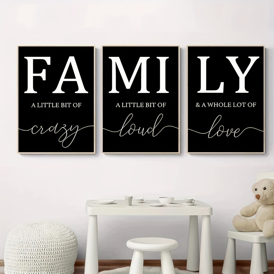 Ensemble de 3 toiles murales minimalistes de luxe sans cadre – Tableaux décoratifs pour salon – Écriture familiale sans cadre