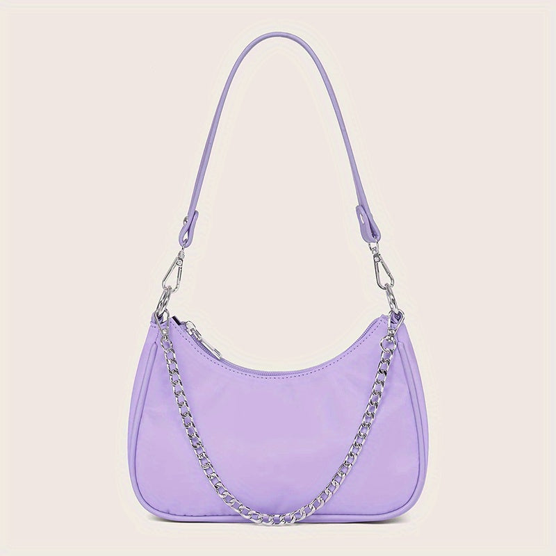 Y2K Chic Chain Baguette Bag - Stylish Nylon Shoulder Purse - Durable & Versatile for Everyday Fashion - Solid Colors for the Fashion-Forward Woman