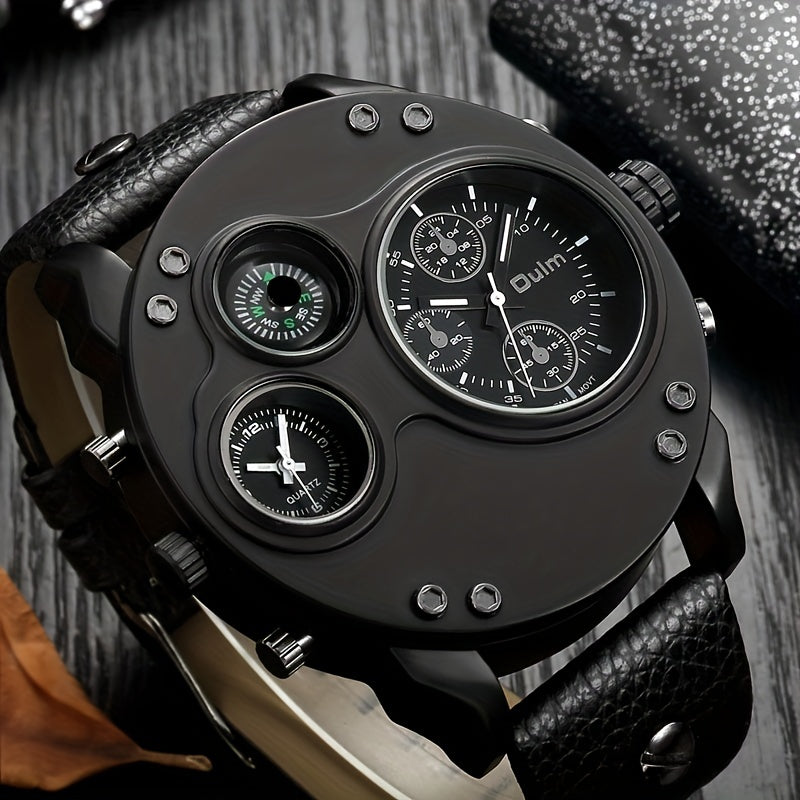Oulm Mens Dual Time Zone Quartz Watch - Bold Large Dial, Stylish Personality Design, Precise Movement, Comfortable Belt Strap - For Globetrotters & Fashion Enthusiasts