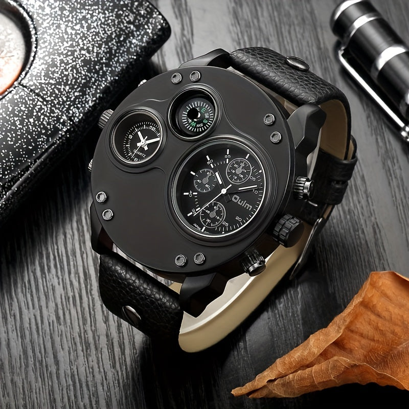 Oulm Mens Dual Time Zone Quartz Watch - Bold Large Dial, Stylish Personality Design, Precise Movement, Comfortable Belt Strap - For Globetrotters & Fashion Enthusiasts