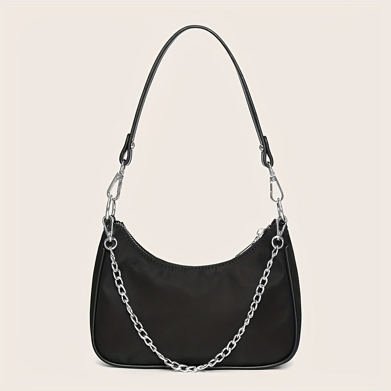 Y2K Chic Chain Baguette Bag - Stylish Nylon Shoulder Purse - Durable & Versatile for Everyday Fashion - Solid Colors for the Fashion-Forward Woman