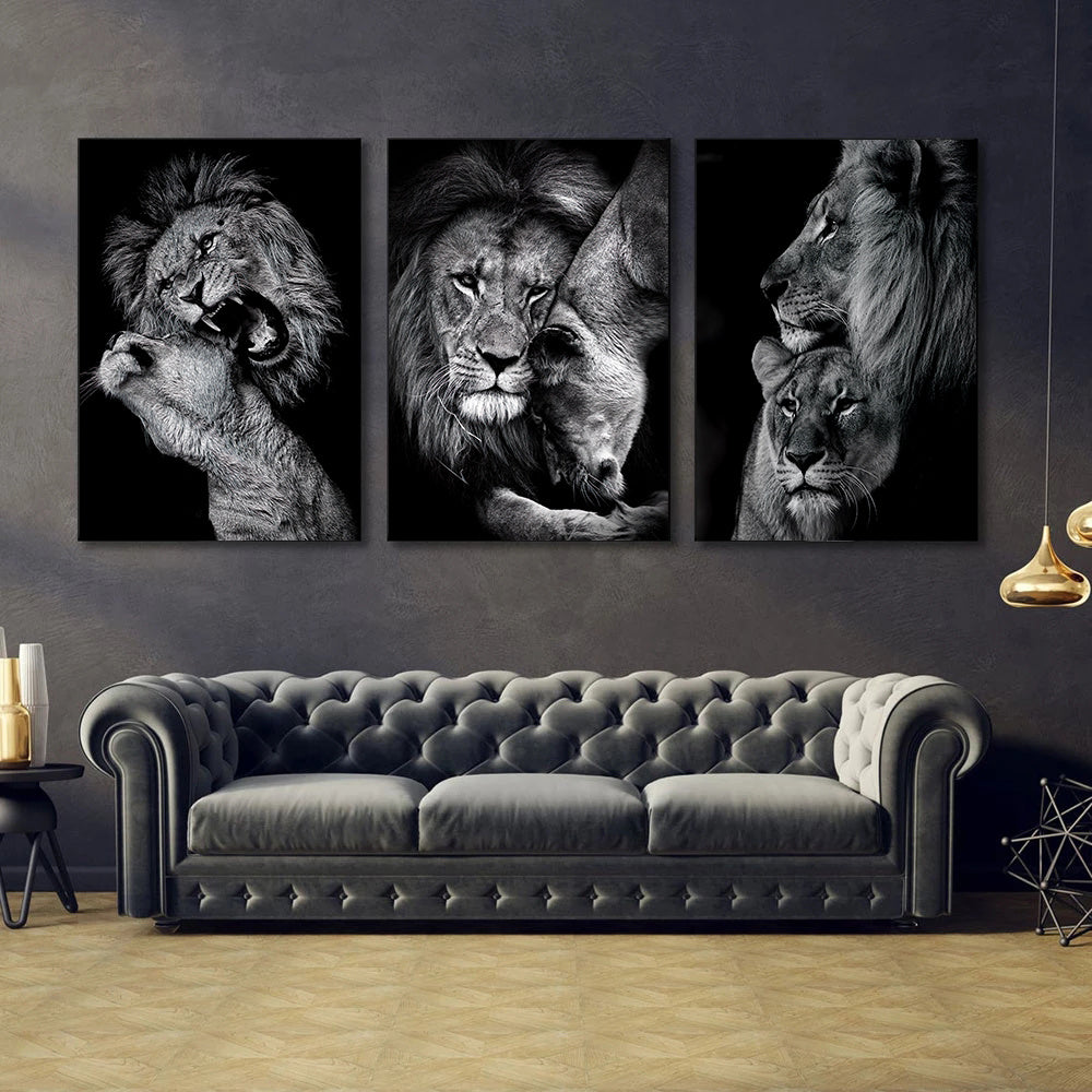 [3pcs Modern Art Canvas Poster] 3pcs Unframed Canvas Poster, Modern Art, Animal Family Poster, Lion Family Poster, Ideal Gift For Bedroom Living Room Corridor, Wall Art, Wall Decor, Winter Decor, Room Decoration