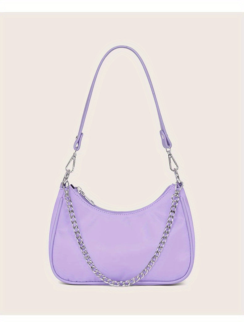 Y2K Chic Chain Baguette Bag - Stylish Nylon Shoulder Purse - Durable & Versatile for Everyday Fashion - Solid Colors for the Fashion-Forward Woman