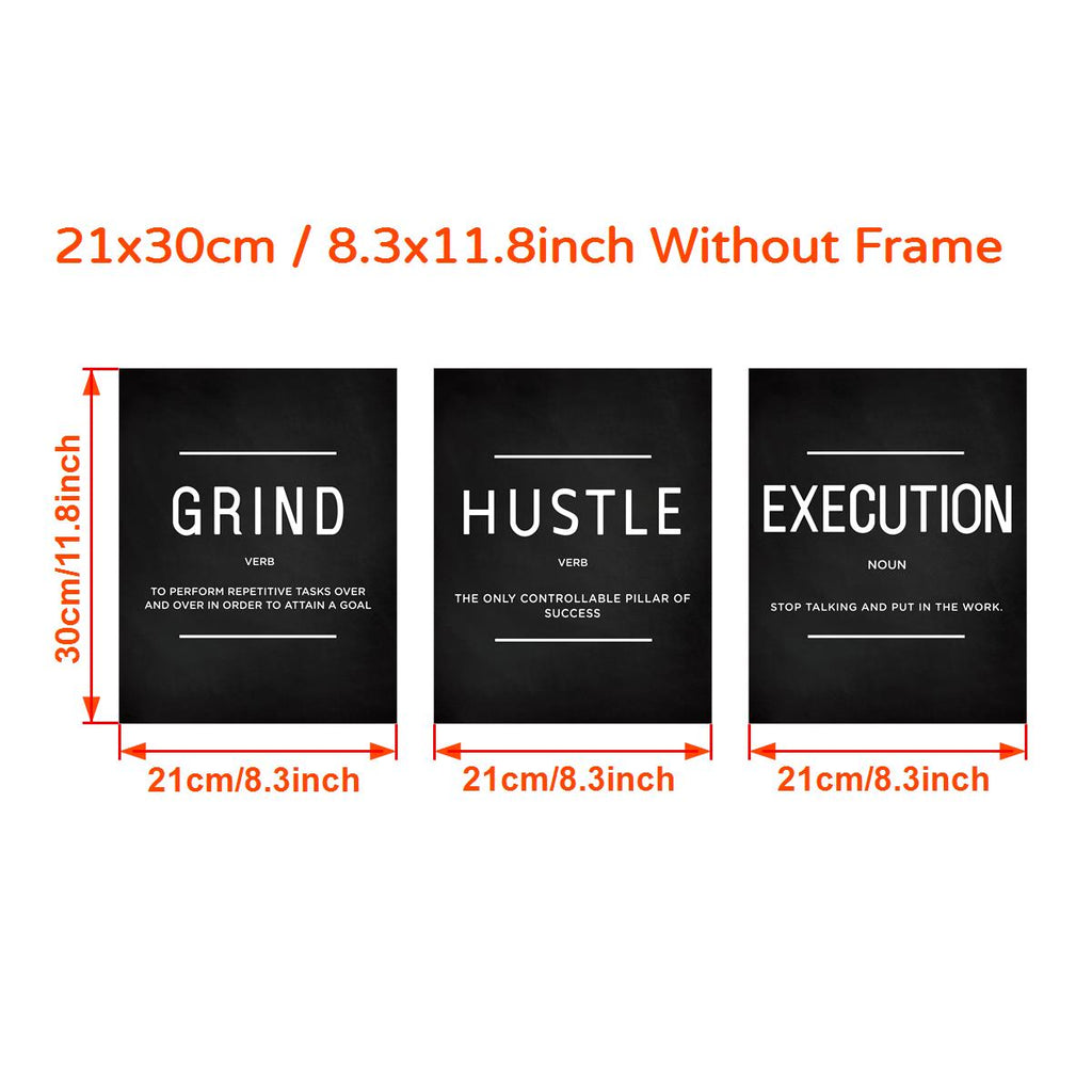 [3 pièces d'art mural sur toile de motivation] Lot de 3 citations sur l'exécution de Grind Hustle - Cadeaux de motivation pour amis, entrepreneurs et décoration de bureau à domicile - Affiches inspirantes sans cadre