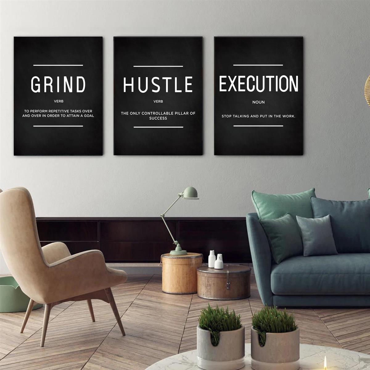 [3 pièces d'art mural sur toile de motivation] Lot de 3 citations sur l'exécution de Grind Hustle - Cadeaux de motivation pour amis, entrepreneurs et décoration de bureau à domicile - Affiches inspirantes sans cadre