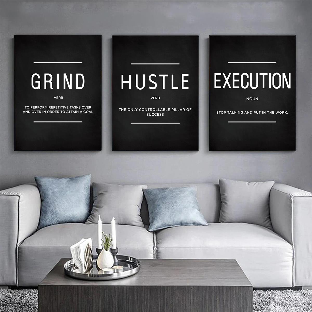 [3 pièces d'art mural sur toile de motivation] Lot de 3 citations sur l'exécution de Grind Hustle - Cadeaux de motivation pour amis, entrepreneurs et décoration de bureau à domicile - Affiches inspirantes sans cadre