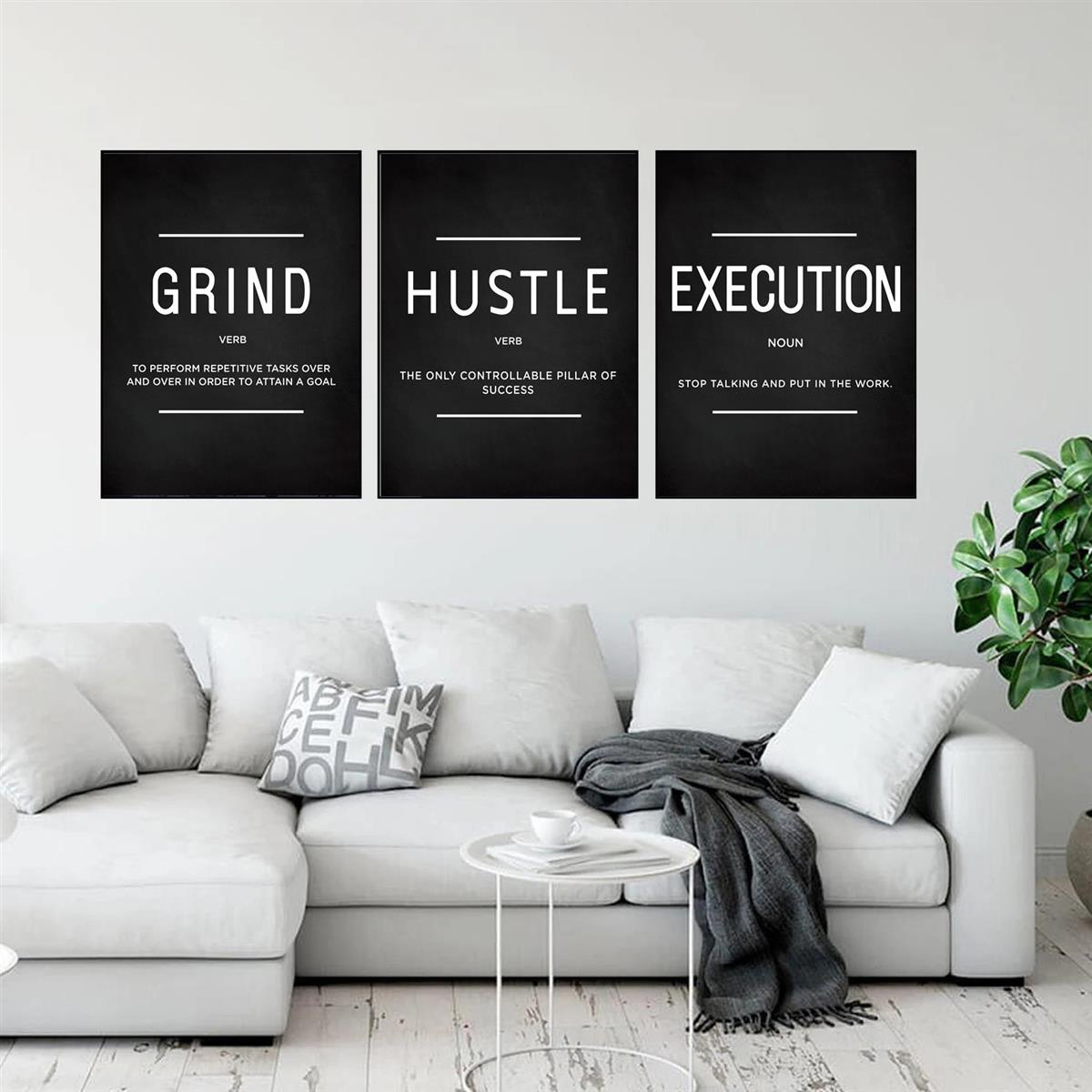 [3 pièces d'art mural sur toile de motivation] Lot de 3 citations sur l'exécution de Grind Hustle - Cadeaux de motivation pour amis, entrepreneurs et décoration de bureau à domicile - Affiches inspirantes sans cadre