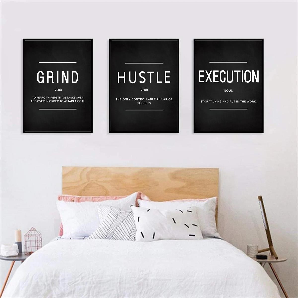 [3 pièces d'art mural sur toile de motivation] Lot de 3 citations sur l'exécution de Grind Hustle - Cadeaux de motivation pour amis, entrepreneurs et décoration de bureau à domicile - Affiches inspirantes sans cadre