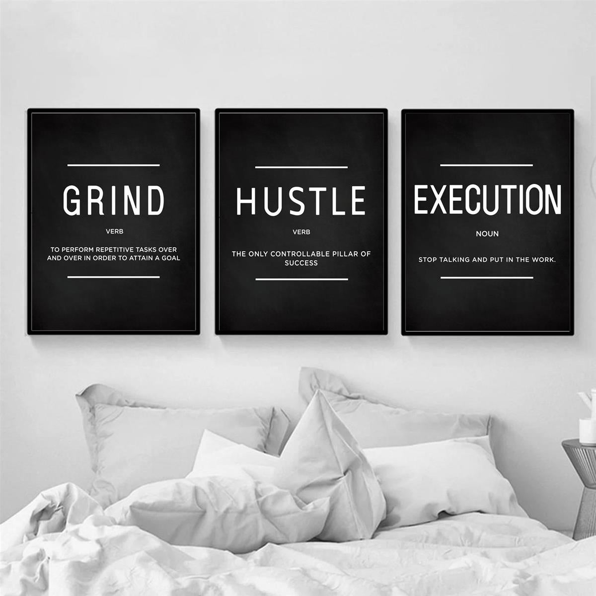 [3 pièces d'art mural sur toile de motivation] Lot de 3 citations sur l'exécution de Grind Hustle - Cadeaux de motivation pour amis, entrepreneurs et décoration de bureau à domicile - Affiches inspirantes sans cadre