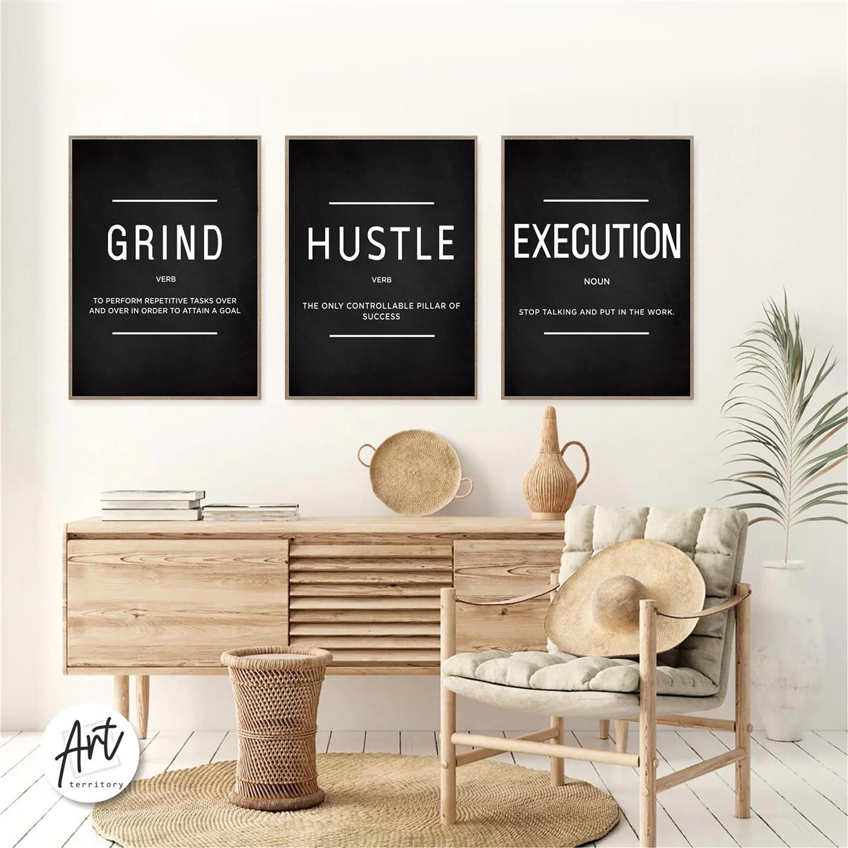 [3 pièces d'art mural sur toile de motivation] Lot de 3 citations sur l'exécution de Grind Hustle - Cadeaux de motivation pour amis, entrepreneurs et décoration de bureau à domicile - Affiches inspirantes sans cadre