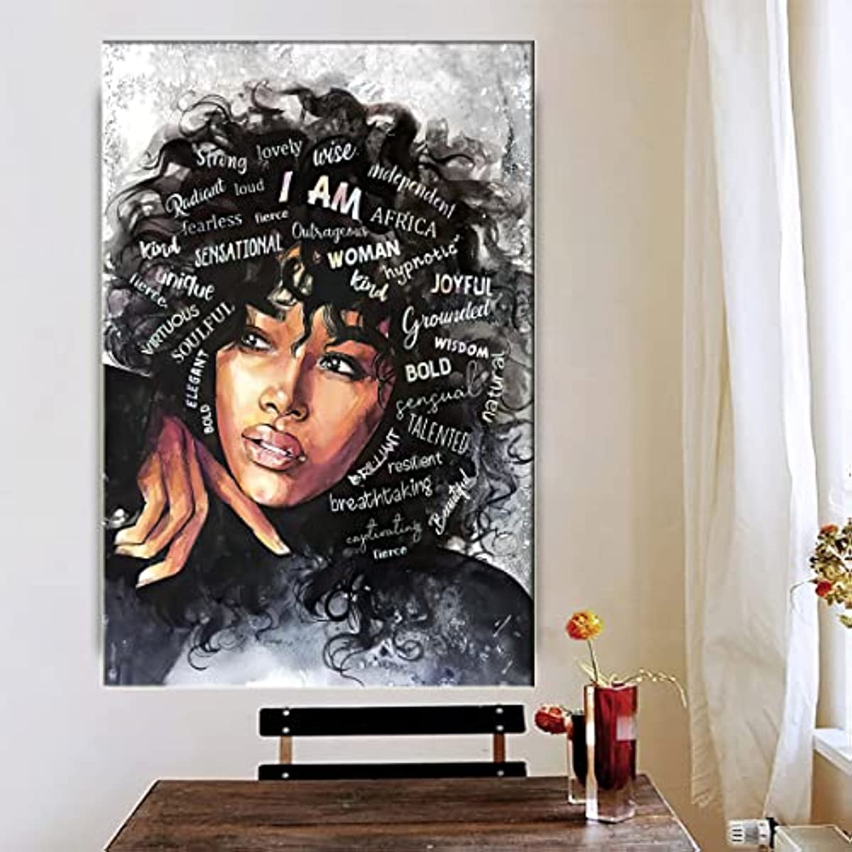 [1pc Black Queen Canvas Wall Art] 1pc Black Queen Canvas Wall Art African American Poster Black Women Canvas Wall Art Abstract Contemporary Canvas Prints Painting Decoration For Living Room Bedroom Washing Room Children's Roo