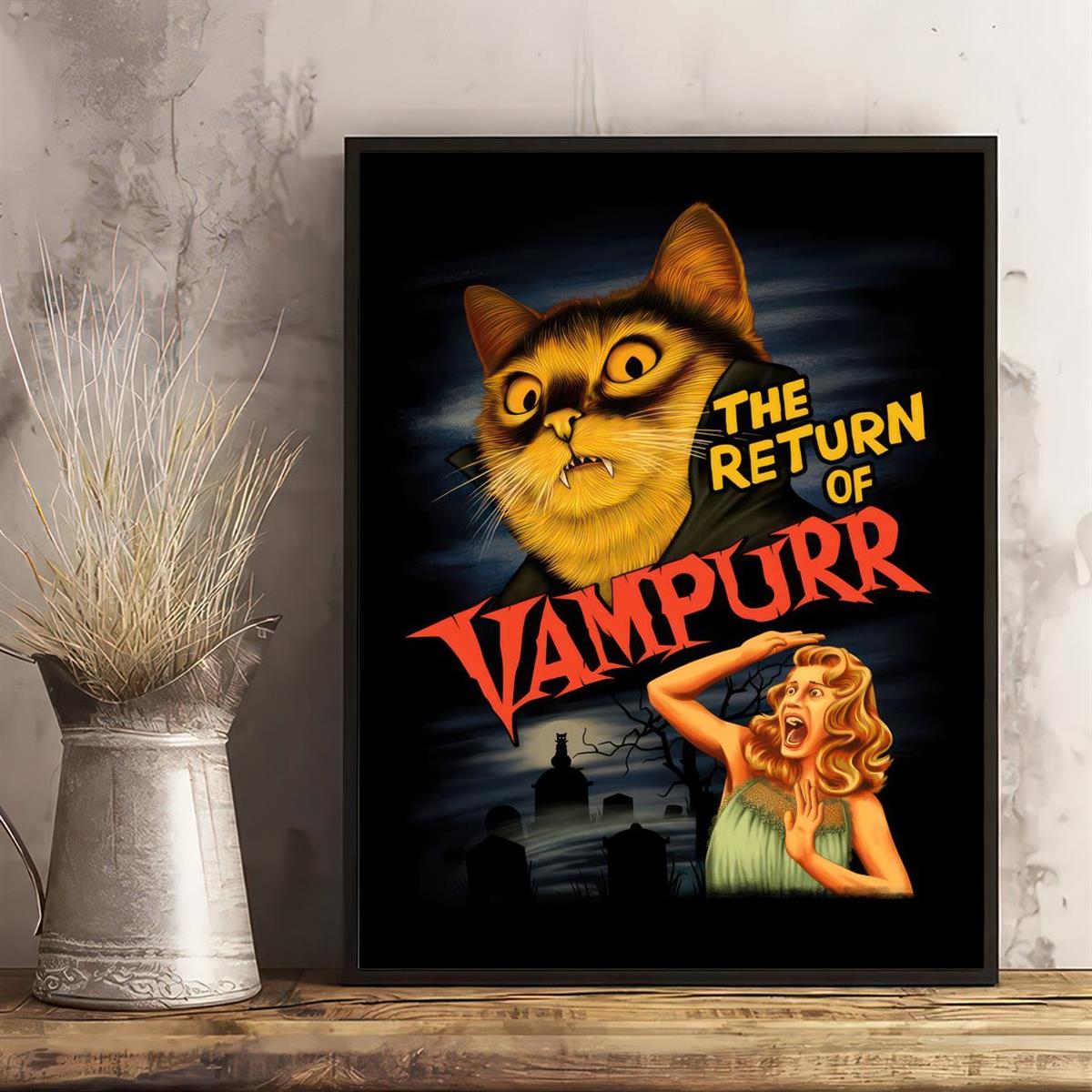 1 adet "Vampurr'un Dönüşü" Tuval Poster - Vintage Korku-Komedi Kedi Sever Duvar Sanatı, Çerçevesiz, Çam Ağacı Tuval, Oturma Odası ve Yatak Odası Dekoru için Dikey Yönlendirme