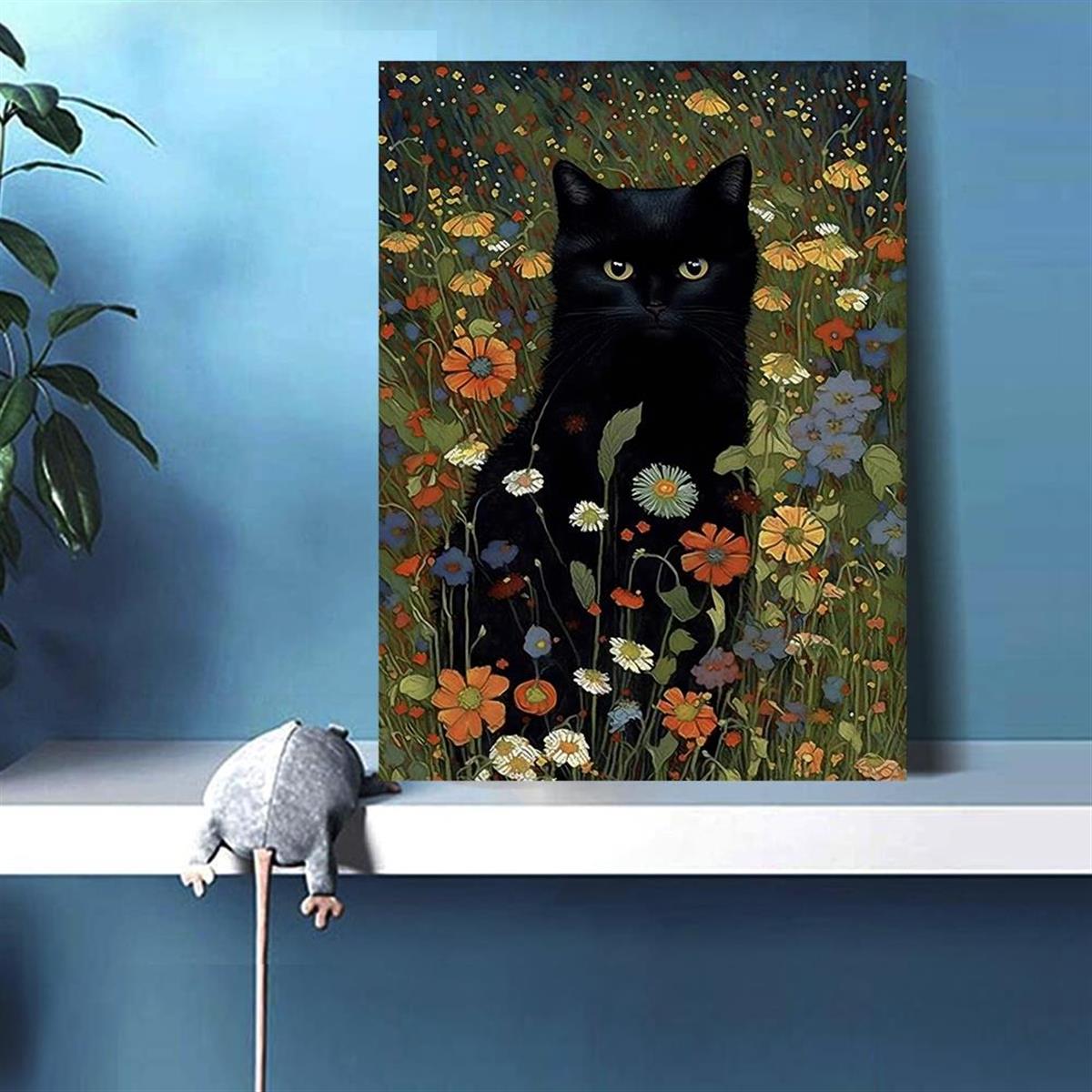 [1pc Retro Canvas Poster Art] 1pc Unframed Canvas Poster, Retro Art, Cat In Garden Flowers Painting Of Cat Home Decor, Ideal Gift For Bedroom Living Room Corridor, Wall Art, Wall Decor, Winter Decor, Room Decoration