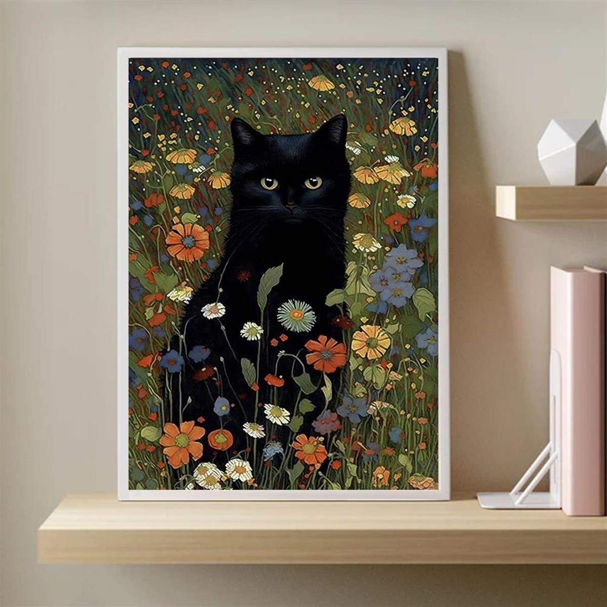 [1pc Retro Canvas Poster Art] 1pc Unframed Canvas Poster, Retro Art, Cat In Garden Flowers Painting Of Cat Home Decor, Ideal Gift For Bedroom Living Room Corridor, Wall Art, Wall Decor, Winter Decor, Room Decoration