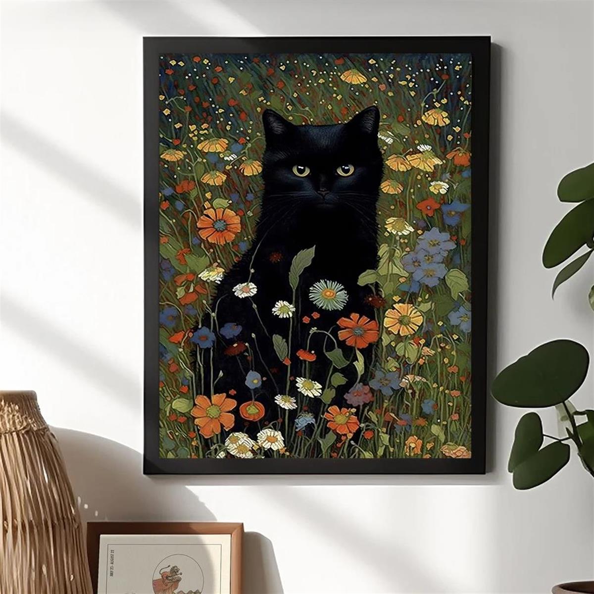 [1pc Retro Canvas Poster Art] 1pc Unframed Canvas Poster, Retro Art, Cat In Garden Flowers Painting Of Cat Home Decor, Ideal Gift For Bedroom Living Room Corridor, Wall Art, Wall Decor, Winter Decor, Room Decoration