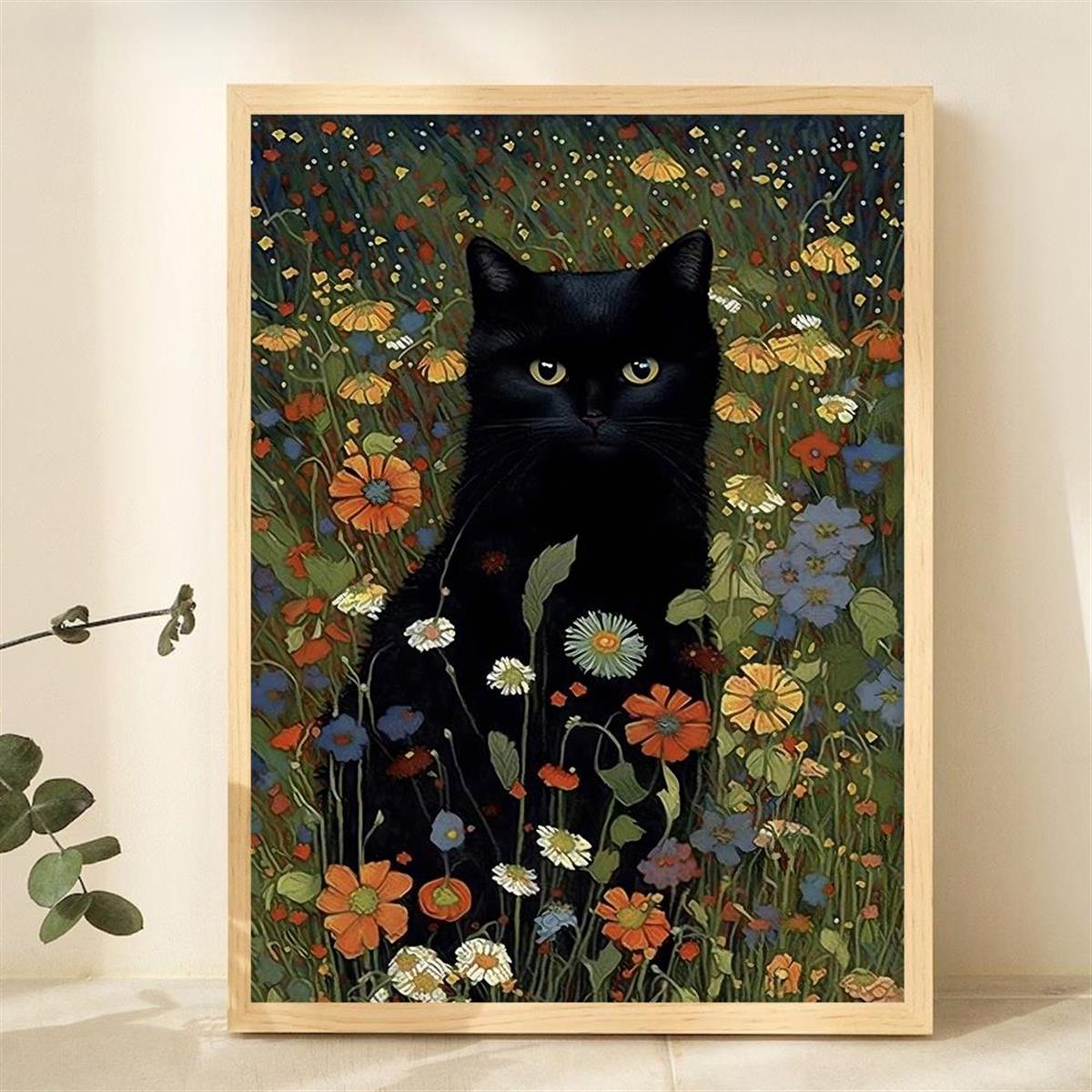 [1pc Retro Canvas Poster Art] 1pc Unframed Canvas Poster, Retro Art, Cat In Garden Flowers Painting Of Cat Home Decor, Ideal Gift For Bedroom Living Room Corridor, Wall Art, Wall Decor, Winter Decor, Room Decoration