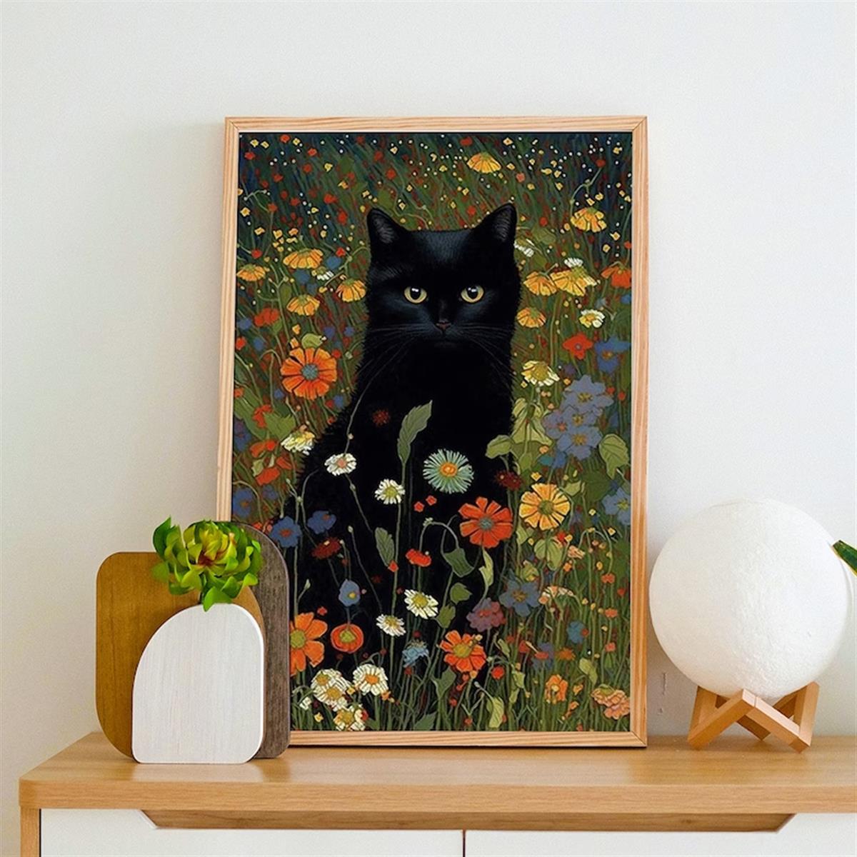 [1pc Retro Canvas Poster Art] 1pc Unframed Canvas Poster, Retro Art, Cat In Garden Flowers Painting Of Cat Home Decor, Ideal Gift For Bedroom Living Room Corridor, Wall Art, Wall Decor, Winter Decor, Room Decoration