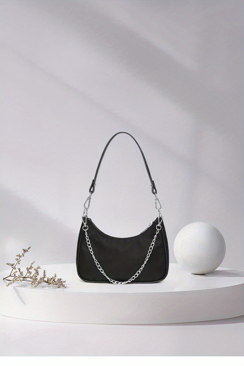 Y2K Chic Chain Baguette Bag - Stylish Nylon Shoulder Purse - Durable & Versatile for Everyday Fashion - Solid Colors for the Fashion-Forward Woman