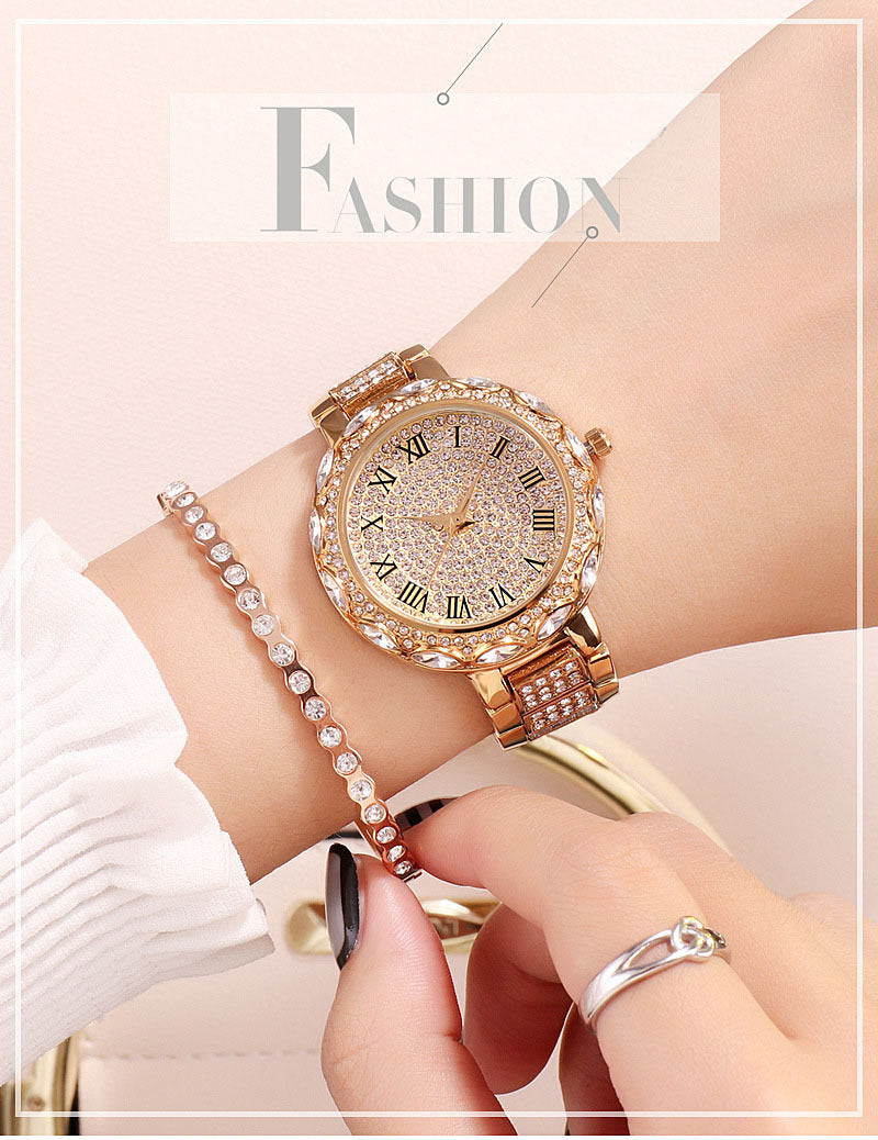 Radiant Quartz Womens Bracelet Watch - Sparkling Rhinestone Inlaid, Roman Numeral Dial, Elegant & Chic Design for Fashion-Forward Ladies