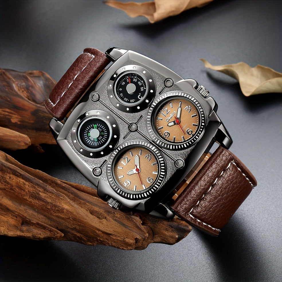 Oulm Large Dial Fashion Casual Men's Watch, Men's Sports Watch Dual Time Zone Compass Thermometer Men's Quartz Watch, Ideal choice for Gifts