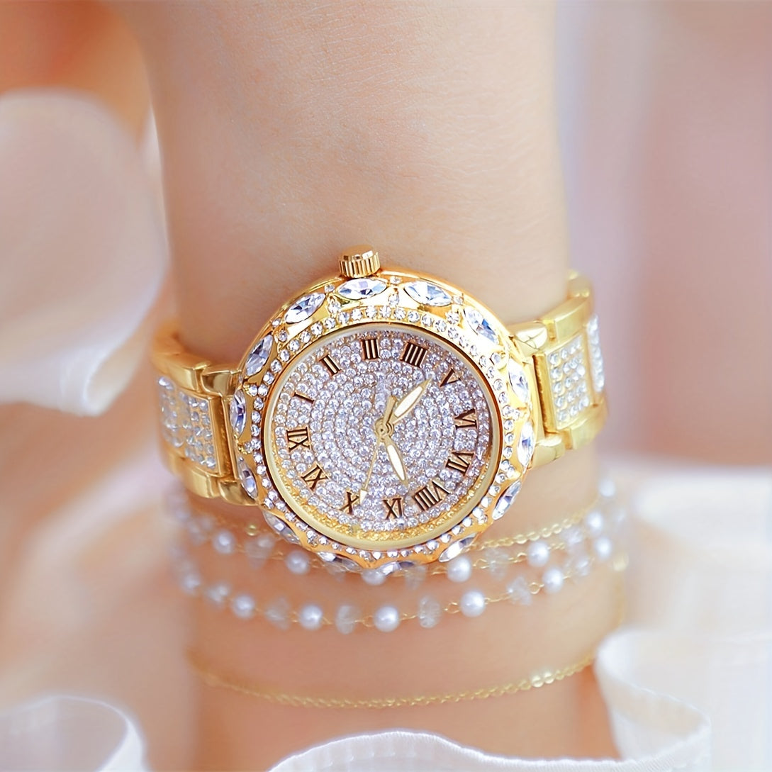 Radiant Quartz Womens Bracelet Watch - Sparkling Rhinestone Inlaid, Roman Numeral Dial, Elegant & Chic Design for Fashion-Forward Ladies