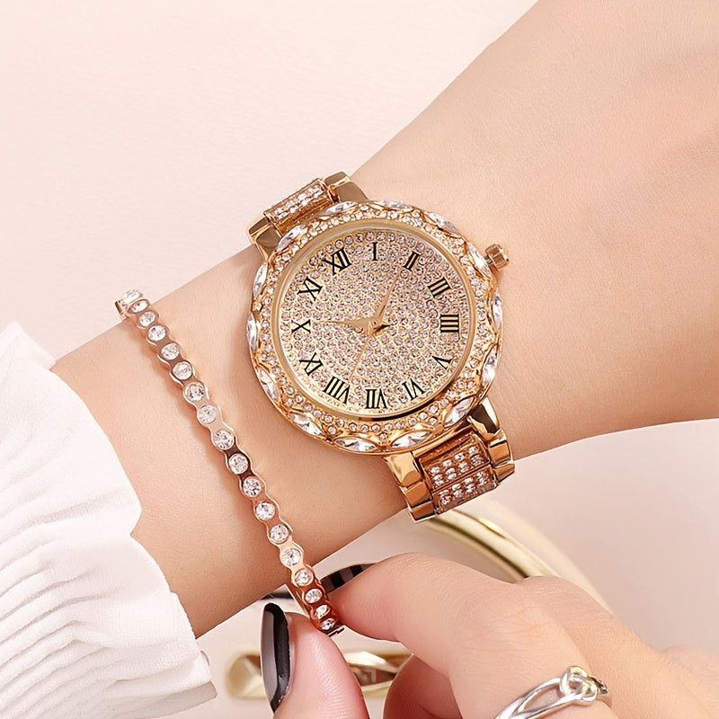 Radiant Quartz Womens Bracelet Watch - Sparkling Rhinestone Inlaid, Roman Numeral Dial, Elegant & Chic Design for Fashion-Forward Ladies