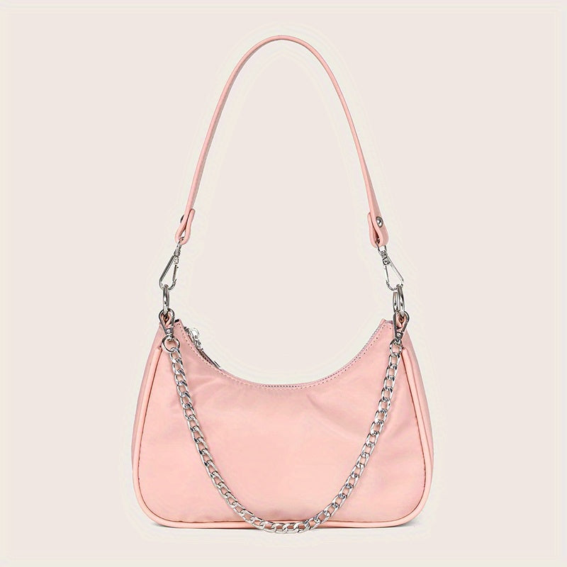 Y2K Chic Chain Baguette Bag - Stylish Nylon Shoulder Purse - Durable & Versatile for Everyday Fashion - Solid Colors for the Fashion-Forward Woman