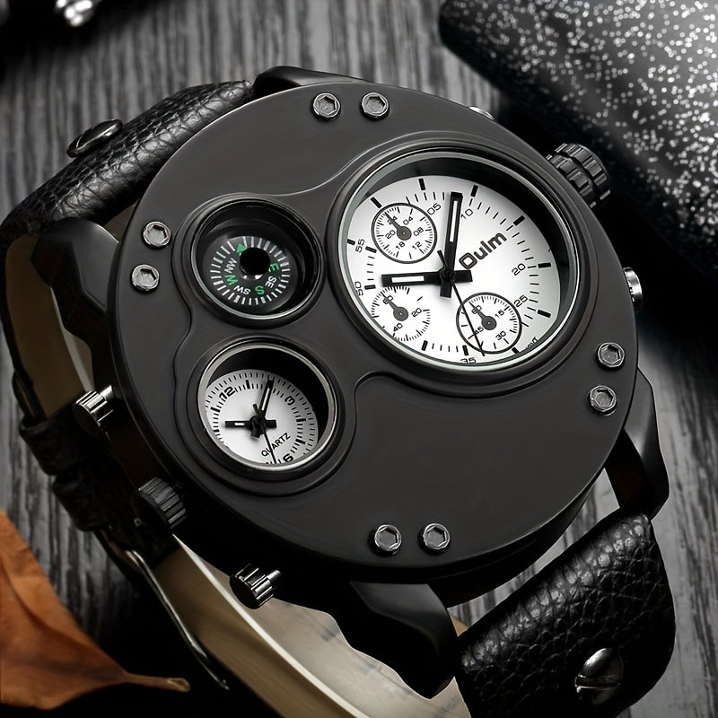 Oulm Mens Dual Time Zone Quartz Watch - Bold Large Dial, Stylish Personality Design, Precise Movement, Comfortable Belt Strap - For Globetrotters & Fashion Enthusiasts